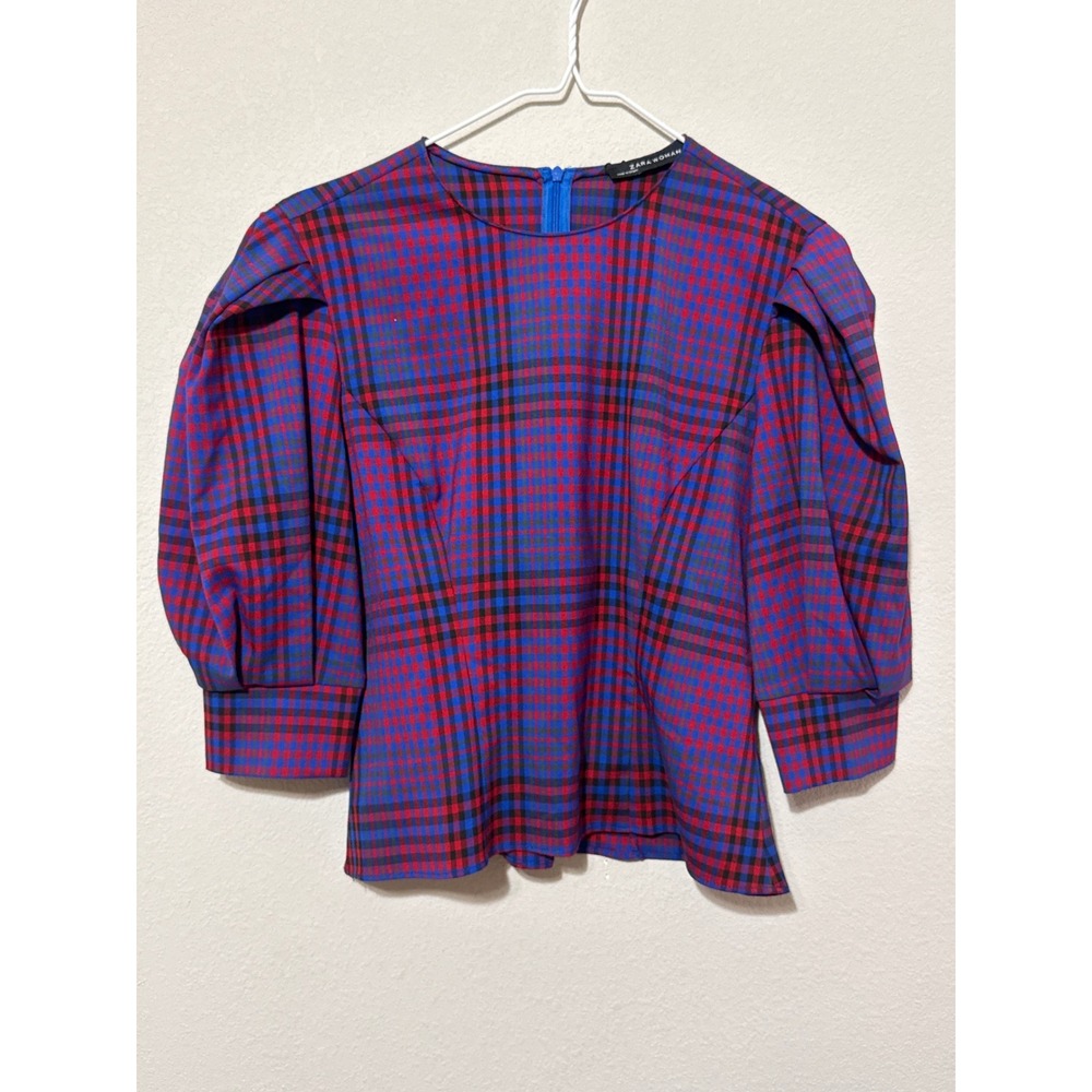 NWT‎ Zara Woman Plaid Balloon Puff Sleeve Top Red/Blue Size XS Careerwear